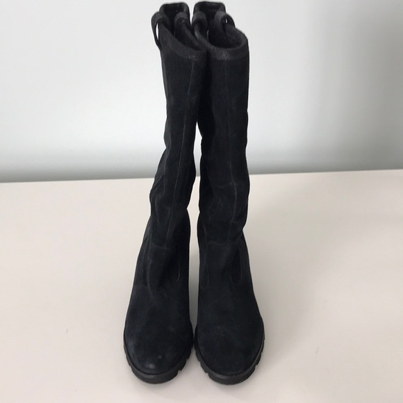 UGG Shoes - Ugg Soleil Black Suede Tall Sheepskin Lined Wedge